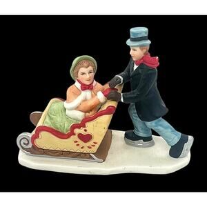 Vtg 1991 Lefton Colonial Man Ice Skating Pushing Lady In Sled Figurine 3.5" CL63
